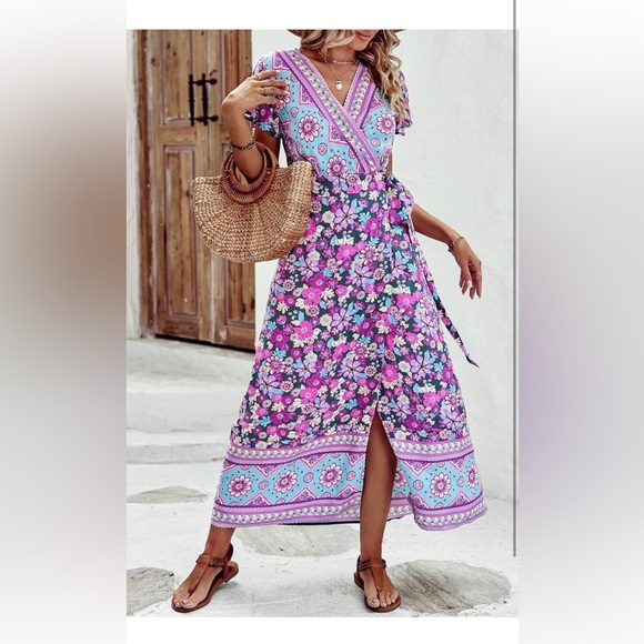 Boho front high split v-neck maxi dress floral purple Large  12/14 - Picture 8 of 9